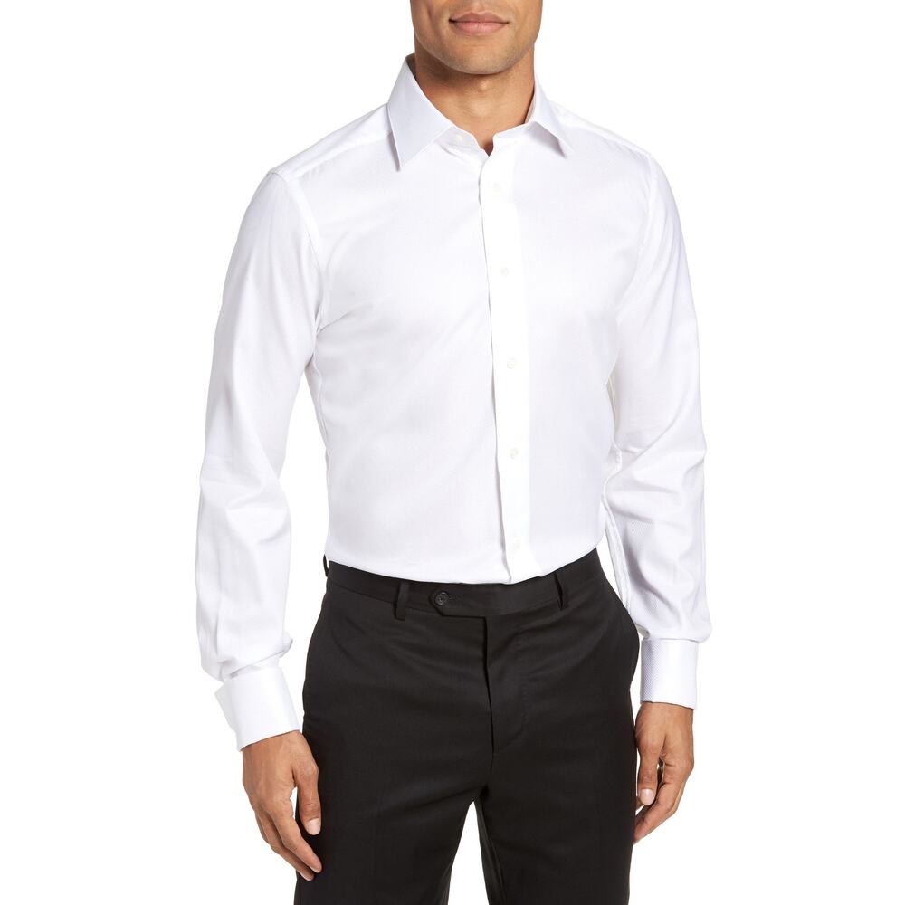 David Donahue Trim Fit Solid French Cuff Tuxedo Dress Shirt Luxury Size 18 34/35